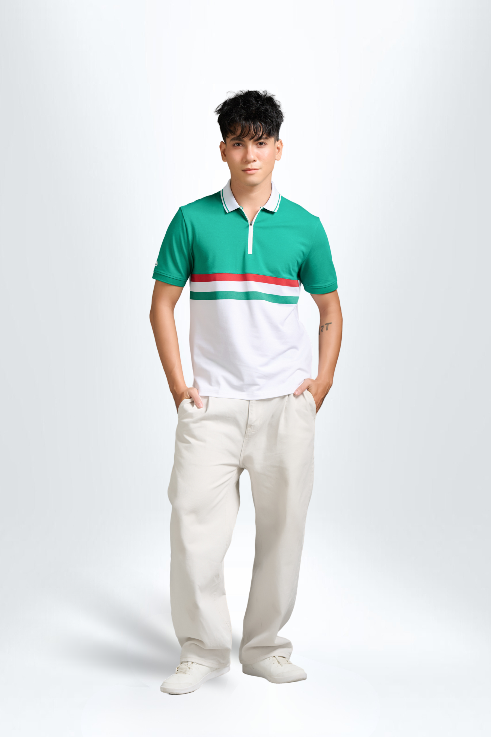 43 Áo Polo Nam PILI Phối Kẻ Màu Xanh Đỏ Vòng Thân Áo - Ảnh 1