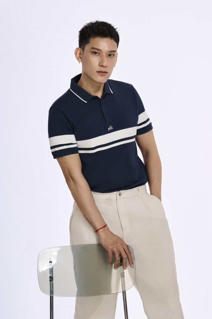 KP057 ao Polo phoi soc ngang mau xanh navy soc trang
