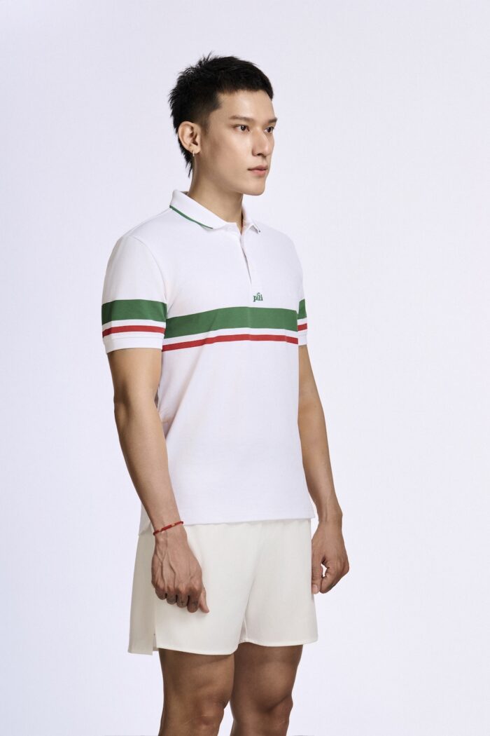 KP057 ao polo phoi soc ngang mau trang soc xanh la do phai