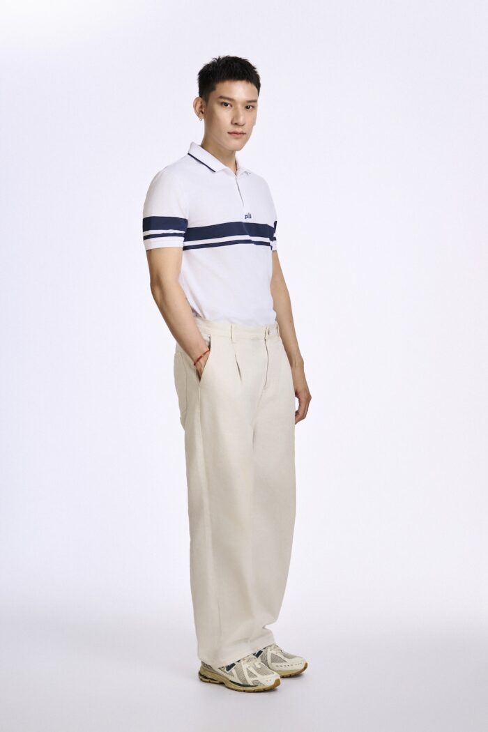 KP057 ao polo phoi soc ngang mau trang soc xanh navy nghieng trai