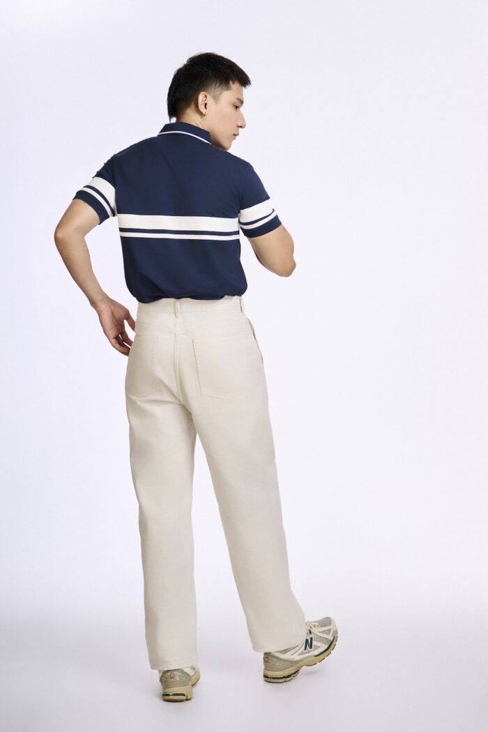 KP057 ao polo phoi soc ngang mau xanh navy soc trang mat sau