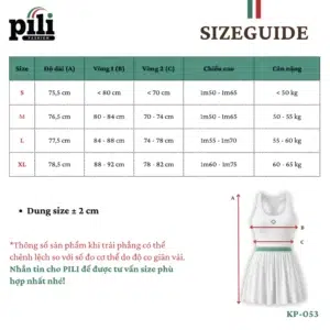 Đầm váy thể thao nữ xếp ly bản vai nhỏ Pili size guide 1
