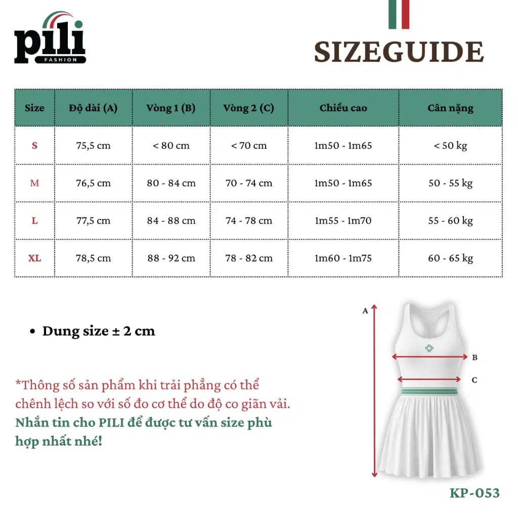 Đầm váy thể thao nữ xếp ly bản vai nhỏ Pili size guide 1