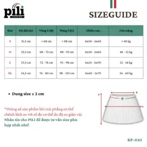Chân váy xếp ly nữ thể thao Pili size guide
