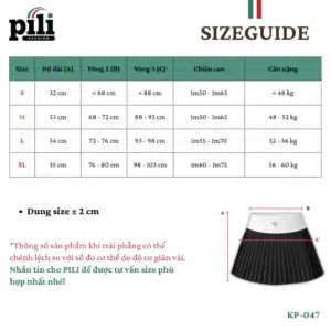Chân Váy Xếp Ly Thể Thao Pili Có Quần Bảo Hộ size guide