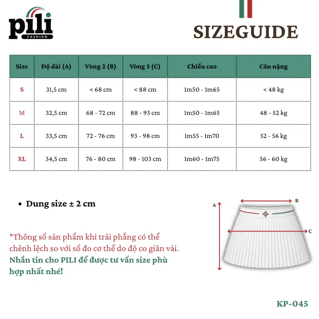 Pili Women's Pleated Sports Skirt size guide