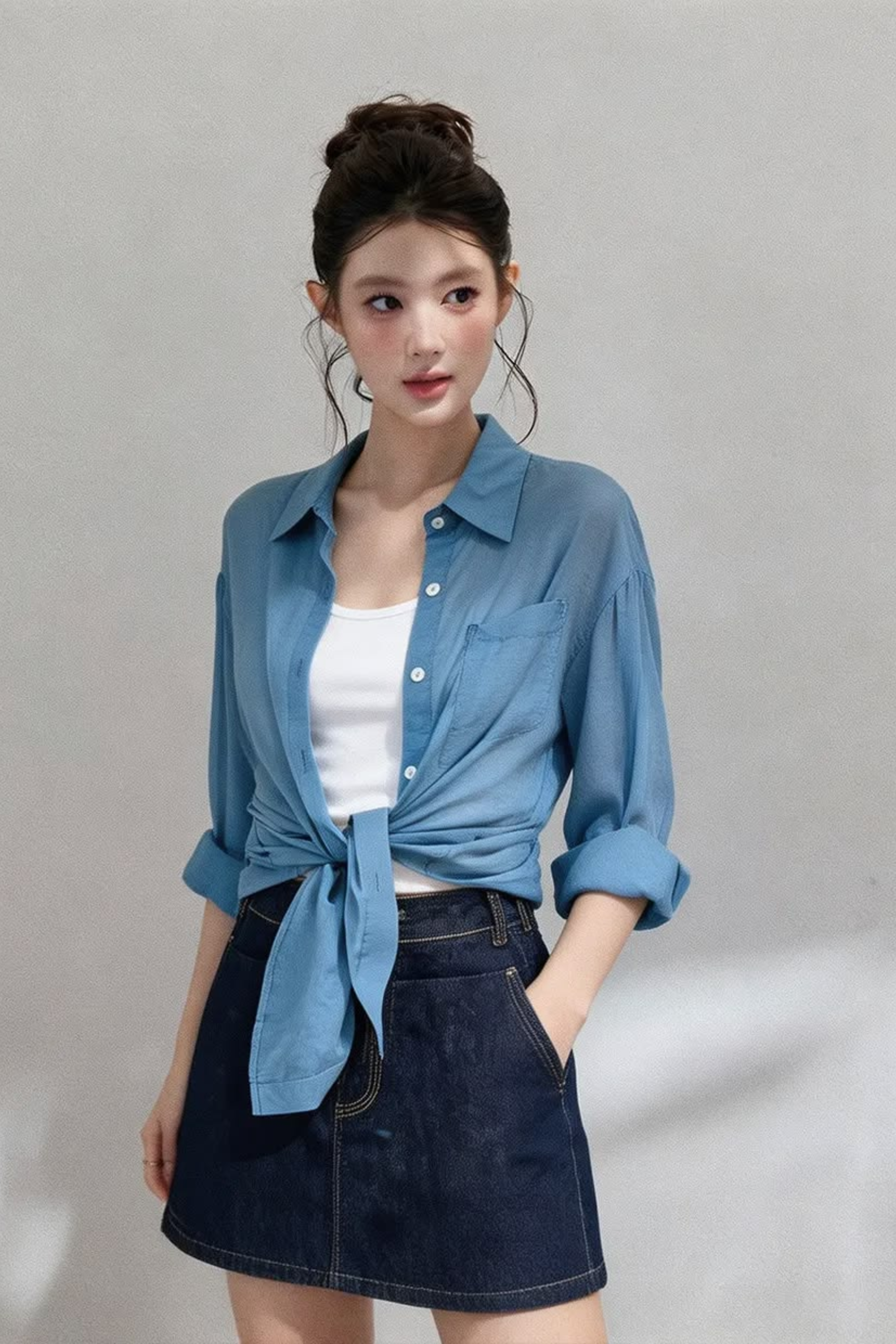 Mách bạn 5 công thức phối áo sơ mi với áo thun nữ không bao giờ lỗi mốt áo sơ mi buộc nơ phối với áo thun