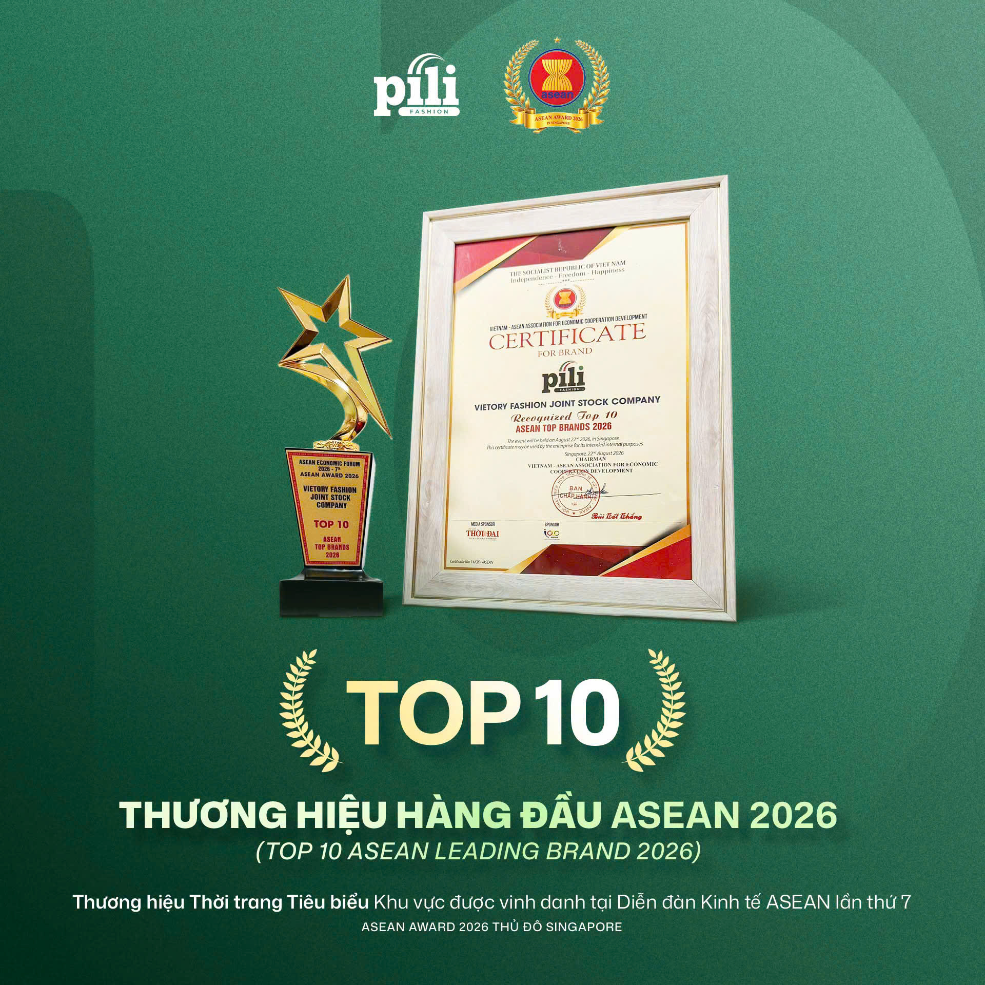 PILI khẳng định vị thế quốc tế: Vinh dự nhận giải thưởng “Top 10 Thương Hiệu Hàng Đầu ASEAN 2026” top 10 asean