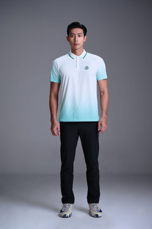 ao polo monogram ombre xanh la phoi hoa tiet
